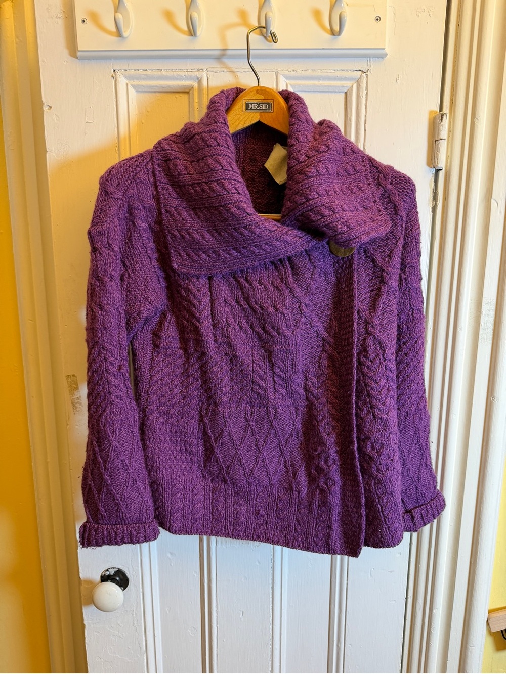 Aran Sweater Market Ireland Womens M Purple Merino Wool Patchwork Cable Cardigan
